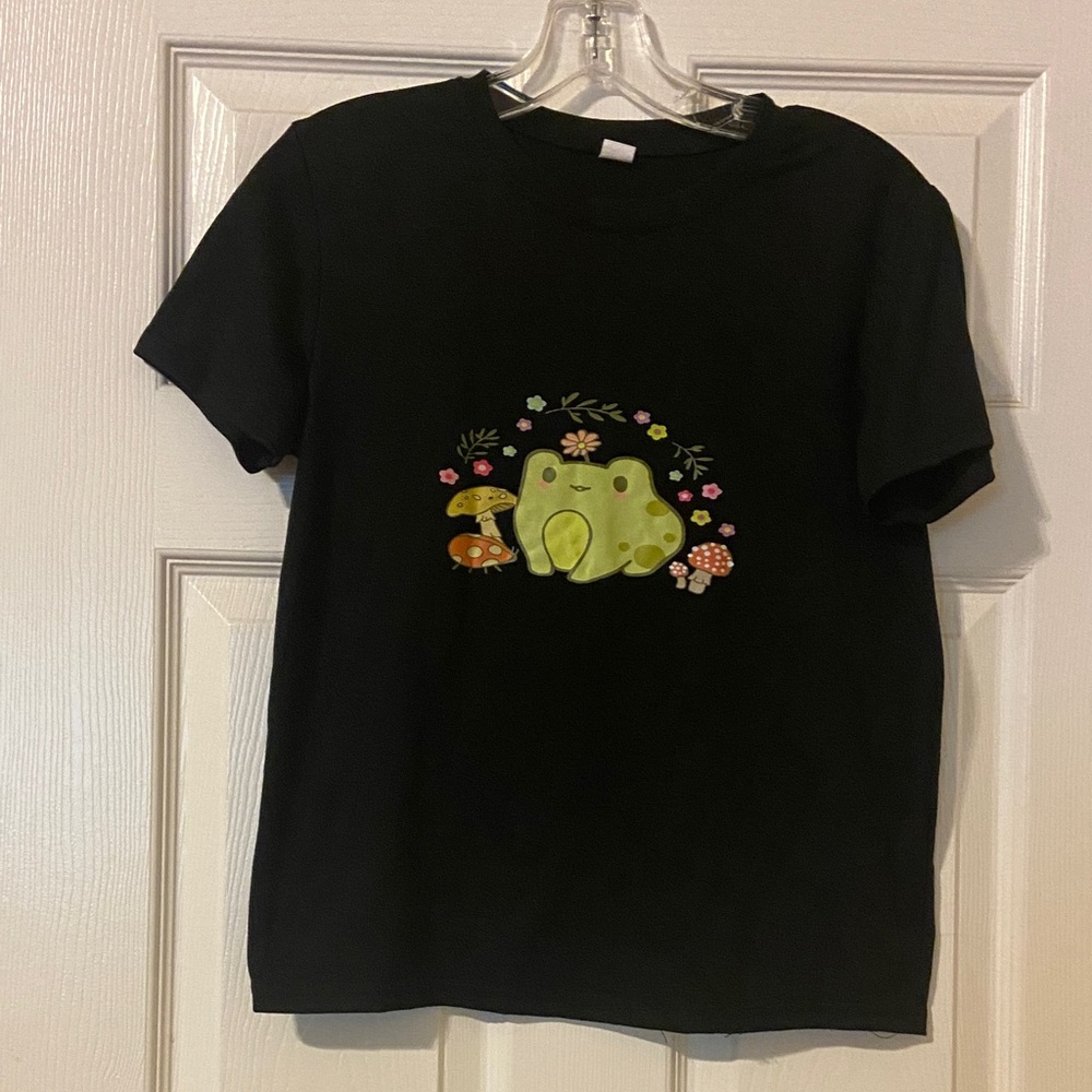 Kids Black Tee with Frog and Mushroom Print